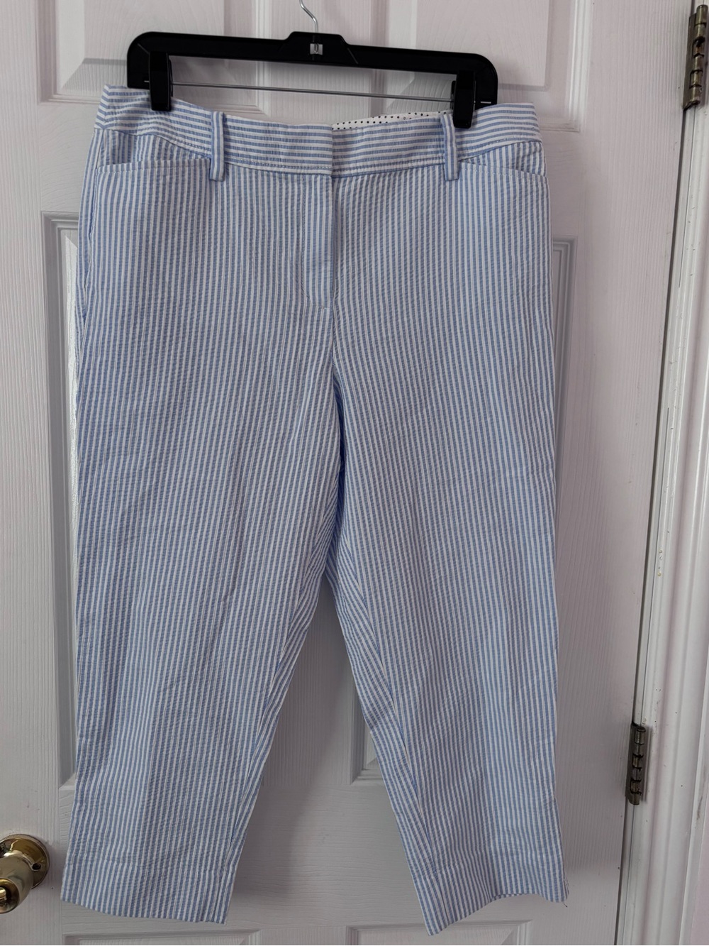 Talbots Perfect Crop Pant 10P Blue White Seersucker Striped Cotton Pants - Picture 2 of 8